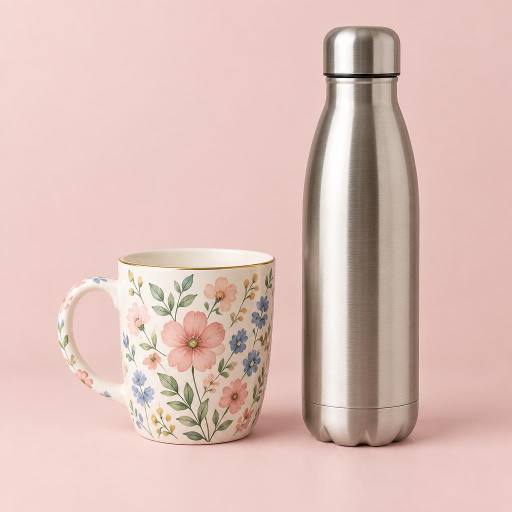 Caneca Floral + Garrafa Térmica Inox